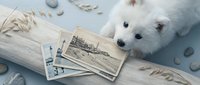 Fluffy white puppy curiously looking at vintage sepia postcards on driftwood, surrounded by pebbles and dried grass on a soft blue background.