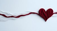 Red paper heart shape on white background with flowing ribbon design, minimalist romantic composition for Valentine's Day cards and love messages.