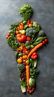 Fresh vegetables and greens arranged in human body silhouette on dark background. Creative healthy eating and nutrition concept for wellness lifestyle.
