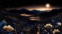 Mystical night landscape with golden moon over mountain silhouettes, flowing waves adorned with sparkling stars and elegant floral elements creating dreamy atmosphere.