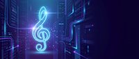 Glowing neon treble clef symbol floating in futuristic digital cityscape with blue circuit patterns and technological elements for music production concepts.