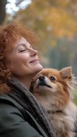 Middle-aged woman with curly reddish-brown hair and fair complexion holding a small tan and white Chihuahua outdoors during autumn. Woman gazes upward contentedly while cradling the alert dog against her chest, wearing a dark jacket and gray scarf. Soft, blurred fall foliage background creates warm, natural lighting. Suitable for pet care, companionship, and lifestyle editorial use.