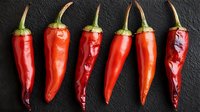 Fresh red chili peppers arranged in row on dark background, bright glossy pods with green stems showing natural variations in color and texture.