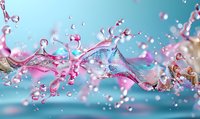 Dynamic liquid splash with pink and blue water drops creating abstract shapes against turquoise background, frozen motion capturing fluid movement and light refraction.