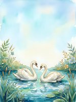 Two white swans form a heart shape while swimming in calm turquoise water surrounded by lush green reeds and wildflowers. Watercolor illustration for wedding invitations, greeting cards, and romantic designs.
