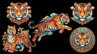 Ornate tiger head and full body illustrations with decorative floral elements, isolated on transparent background. Ready for t-shirt design, clipart, stickers, sublimation, and print-on-demand products.