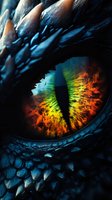 Macro shot of colorful dragon eye with vertical pupil against dark scales, featuring vibrant orange, yellow and green iris patterns. Fantasy creature concept.