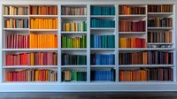 Colorful books arranged by spectrum on white built-in bookshelves, creating vibrant rainbow display of literature in modern home library.