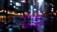 Glowing neon pink heartbeat pulse line reflects on wet city street surface with bokeh lights and urban nightscape background creating futuristic atmosphere.