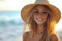 Young Caucasian woman wearing straw sun hat and sunglasses smiling at beach during golden hour sunset. Natural summer beauty and lifestyle portrait with warm lighting.