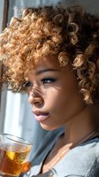 Close-up profile of person with golden curly hair gazing thoughtfully by window while holding glass of amber beverage in soft natural light.