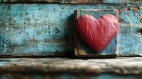 Red heart on rustic turquoise wooden background with peeling paint and weathered texture creates romantic vintage atmosphere for Valentine's Day designs.