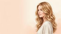 Young woman with long, wavy blonde hair and fair complexion, wearing a light beige top, posed against a soft peachy background. Suitable for beauty, wellness, and lifestyle marketing.
