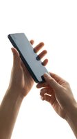 Female hands holding smartphone with blank screen on white background, isolated for app mockup and digital design projects.