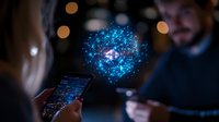 Glowing blue holographic sphere with network connections floating above smartphone screen in dark room, digital transformation concept.