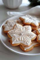 Snowflake sugar cookies decorated with white royal icing and silver pearls on white plate, elegant winter holiday baking with delicate piping details.