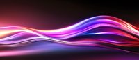 Glowing neon waves with purple and pink light trails flowing on dark background create dynamic motion effect for modern abstract design projects.