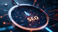 Magnifying glass highlighting SEO text on digital network background with glowing connections and data points for online marketing strategy.