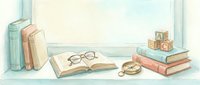Cozy reading corner with open book, glasses and stack of books on windowsill. Watercolor illustration for educational content, literary blogs, bookstore promotions.