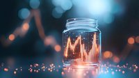 Glowing heartbeat line captured in glass jar against blurred bokeh background, medical concept visualization with orange and blue lighting effects.