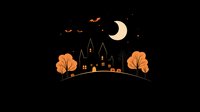 Minimalist Halloween scene with haunted castle silhouette, orange trees, flying bats and crescent moon against black background, creating spooky autumn atmosphere.