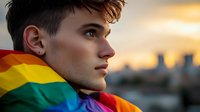 Young person wrapped in rainbow pride flag against urban sunset skyline, side profile portrait showing confidence and authenticity during golden hour lighting.