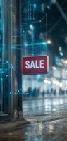 Red sale sign on storefront with futuristic digital overlay, glowing network connections and bokeh lights reflecting on wet street at night.
