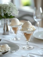 Creamy vanilla ice cream scoops served in elegant crystal glasses with waffle cones, set on white tablecloth with delicate floral arrangement and table settings.
