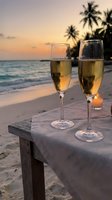 Two champagne flutes on wooden table at tropical beach sunset with palm trees and ocean waves for romantic celebration and luxury vacation dining.