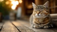 Contented tabby cat with closed eyes relaxing on wooden deck at sunset, creating peaceful domestic pet portrait.