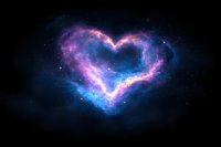 Cosmic heart-shaped nebula glowing in vibrant pink and blue colors against dark space background with stars, creating romantic celestial formation.