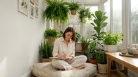 Young woman meditating in serene home corner surrounded by lush green plants and natural light creating peaceful wellness atmosphere for mindfulness practice.