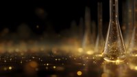 Glowing laboratory flask with magical golden liquid and sparkling particles against dark background with bokeh lights creates mystical atmosphere.