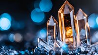 Glowing crystal quartz points with golden light and blue bokeh background, magical mineral formation close-up with dreamy atmospheric lighting effect.