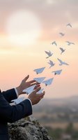 Businessman hands releasing paper airplanes transforming into flying birds at sunset symbolizing freedom, dreams, and business transformation.