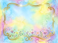 Watercolor pastel rainbow background with gold ornate frame, flowers, birds and butterflies, soft blue pink yellow hues for greeting cards and invitations.