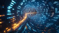 Futuristic digital tunnel with glowing blue and orange light effects creating dynamic perspective through cyber space. Technology concept for data transfer.