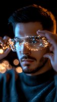 Young man wearing futuristic glowing glasses with digital network pattern overlay against dark background with bokeh lights, representing virtual reality technology.