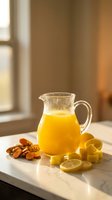 Fresh orange juice in glass pitcher with citrus slices and almonds on marble countertop in warm sunlit kitchen for healthy breakfast and nutrition.