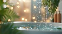 Tranquil spa setting with water droplets splashing in turquoise pool, palm fronds and soft bokeh lights creating serene atmosphere for wellness and relaxation.