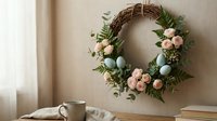 Elegant spring wreath with soft pink roses and eucalyptus on neutral wall creates cozy home decor atmosphere for seasonal interior design and lifestyle.