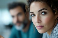 Young Caucasian woman with natural makeup and curly hair looking away thoughtfully, man blurred in background. Close up portrait with soft lighting.