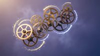 Golden mechanical gears floating in purple sky with sunlight, steampunk clockwork mechanism concept for technology and engineering projects.