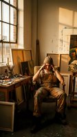 Tired male artist in beanie and overalls sitting in sunlit studio workspace surrounded by paintings, easels and art supplies taking creative break.
