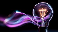 Glowing light bulb with vibrant purple and blue smoke trails against dark background, illuminating creative energy and innovation concept.