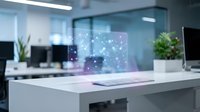 Modern office workspace with holographic digital network display floating above laptop computer showing connected data points and technology integration.