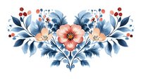 Elegant floral composition with coral pink flowers and dusty blue leaves arranged in symmetrical pattern with red berries, watercolor style botanical ornament.