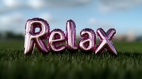 Pink metallic balloon letters spelling "Relax" placed on green grass against blue sky background. Mindfulness and wellness concept for social media and marketing.