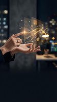Businesswoman holding holographic digital interface with glowing golden data visualization and network connections against blurred city skyline background for technology and innovation concepts.