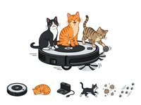 Playful cats on robotic vacuum cleaner with isolated design elements below. Cartoon illustration featuring black, orange tabby, and striped kittens on smart home cleaning device, perfect for tech, pet, and humor-themed projects.